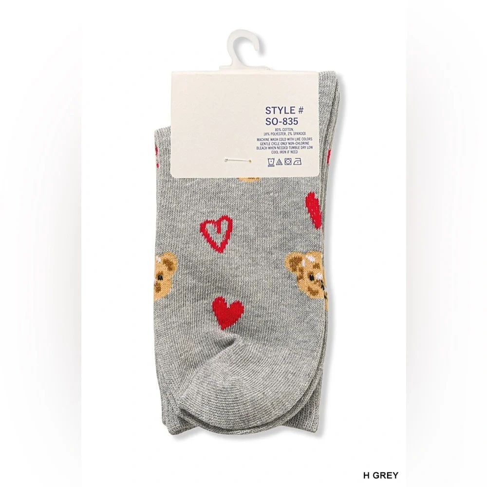 NWT Zenana Black & Grey Teddy Bear Heart Crew Socks Cozy Cute Gift One Size